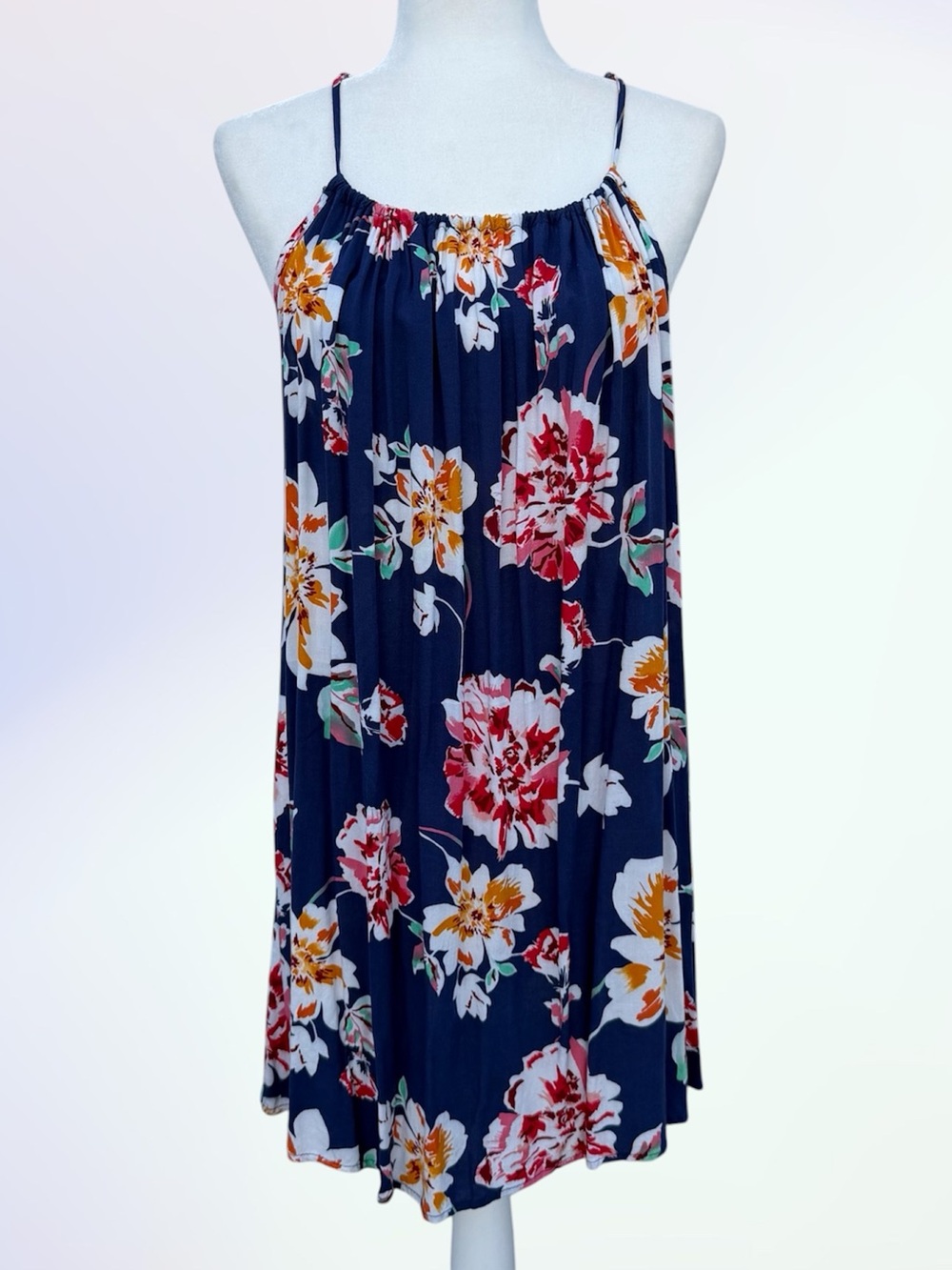 Spring Haze Blue Floral Above Knee Halter Sun Dress Beach Cover Up, Medium